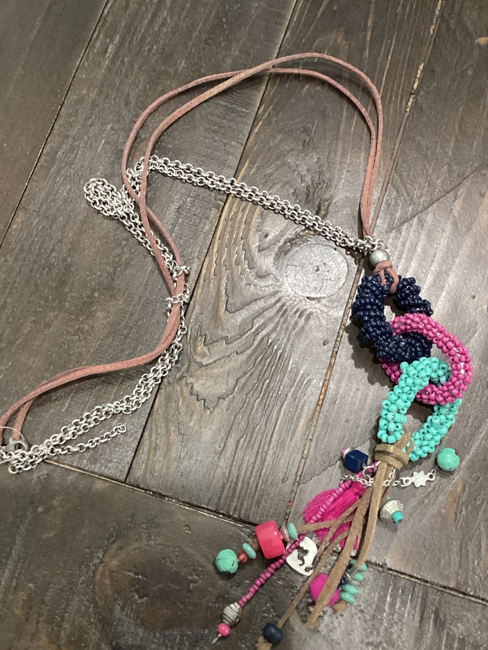 Boho Beaded Tassel Pendant Necklace - Pink, Teal, Navy